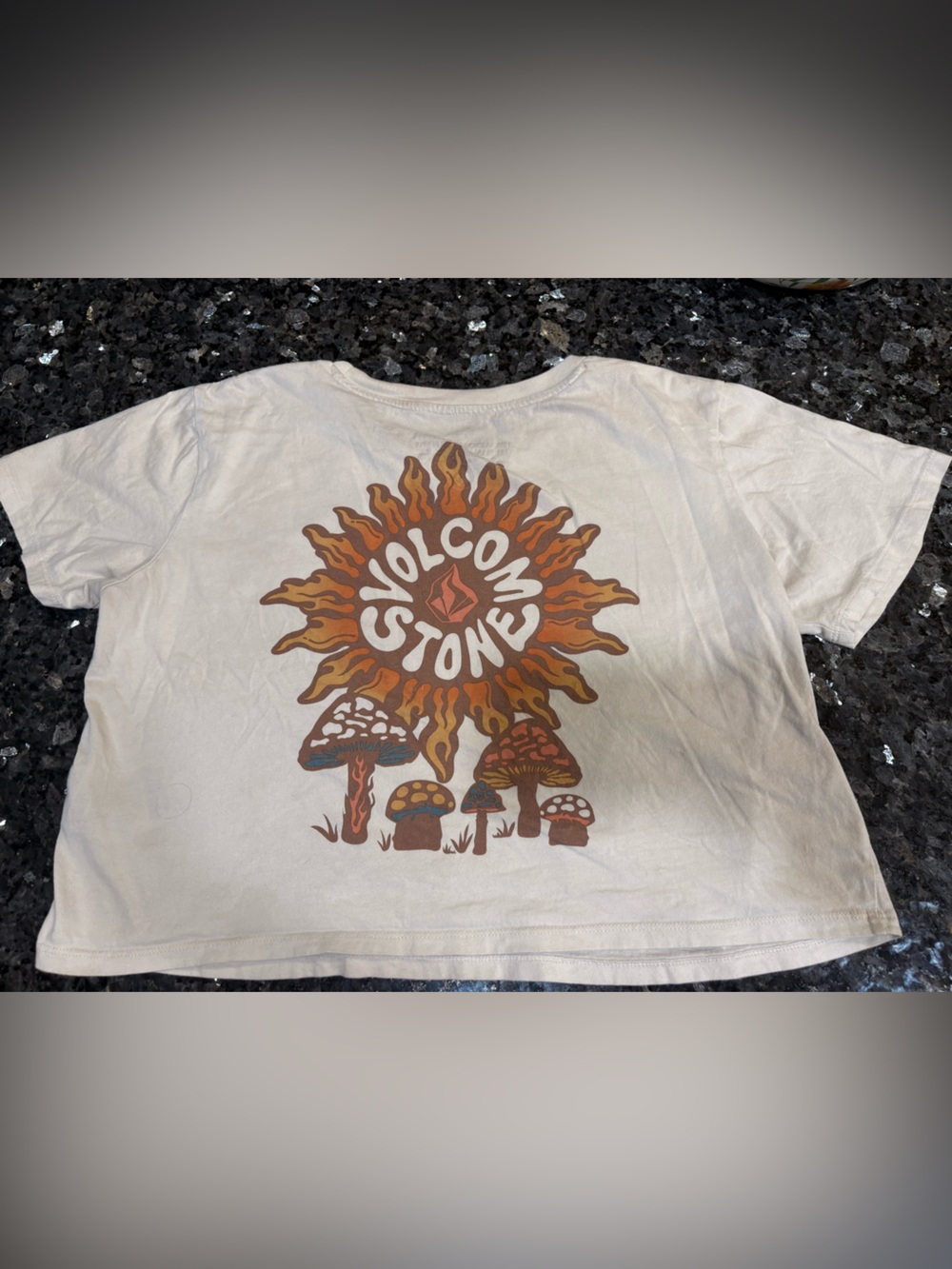 Volcom women’s crop top cream with mushrooms on back